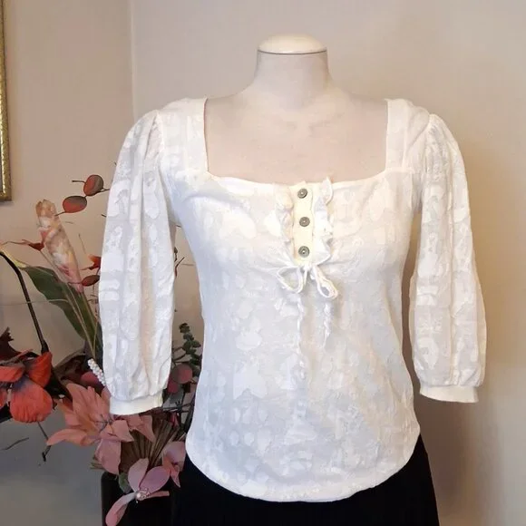 NWOT Aventures des Toiles Women’s White Ruffle Lined Blouse Top ¾ Sleeve 6 - Picture 4 of 11